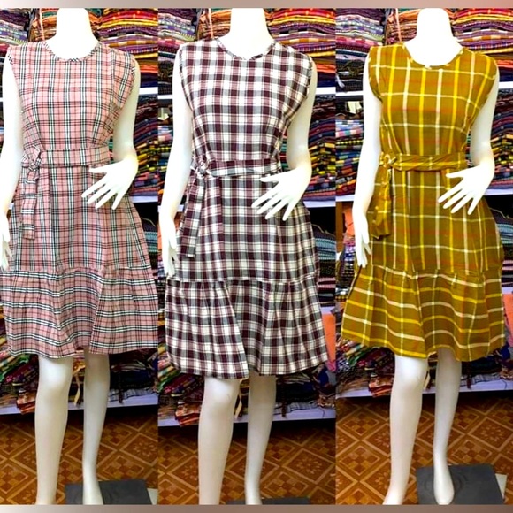 Polished neutral plaid A-line statement dress with a removable self-tie belt. - Picture 5 of 11